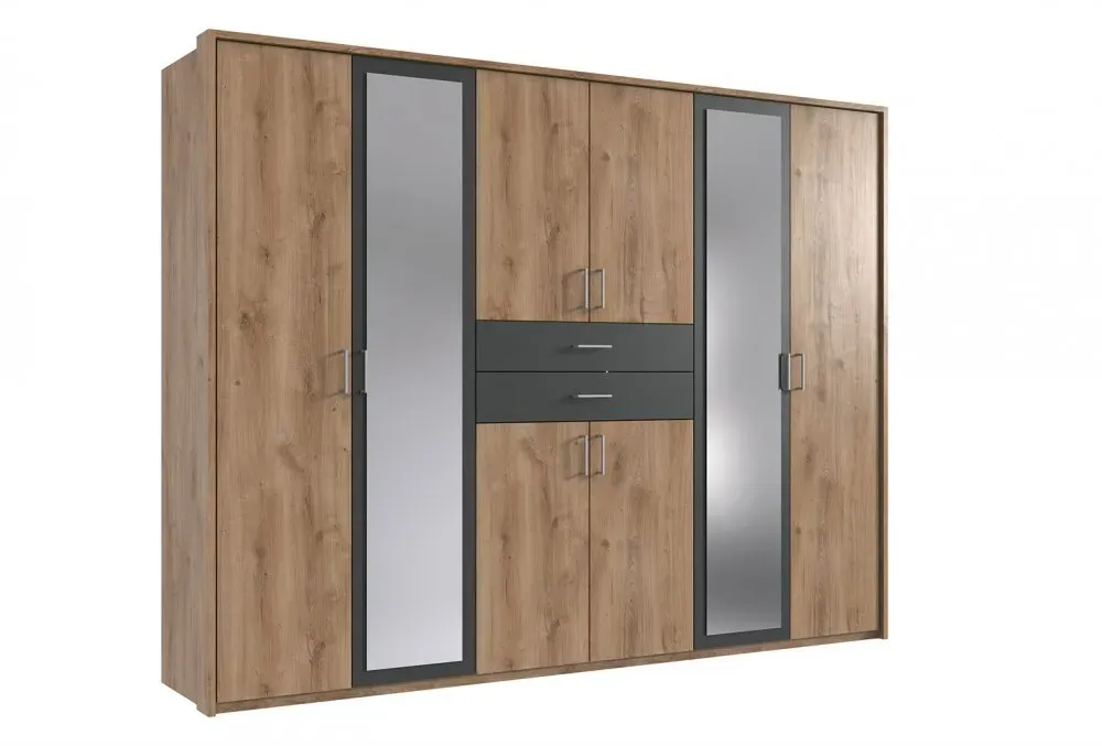 Illustration numéro 3 du produit Armoire 6 portes chênes poutres 2 portes miroirs DIVER 270 cm 2 tiroirs graphites