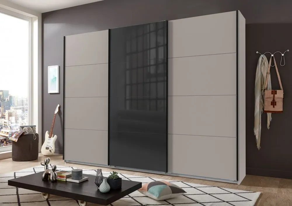 Illustration numéro 3 du produit Armoire 3 portes coulissantes TILBURG 270 cm gris Sahara verre noir et graphite