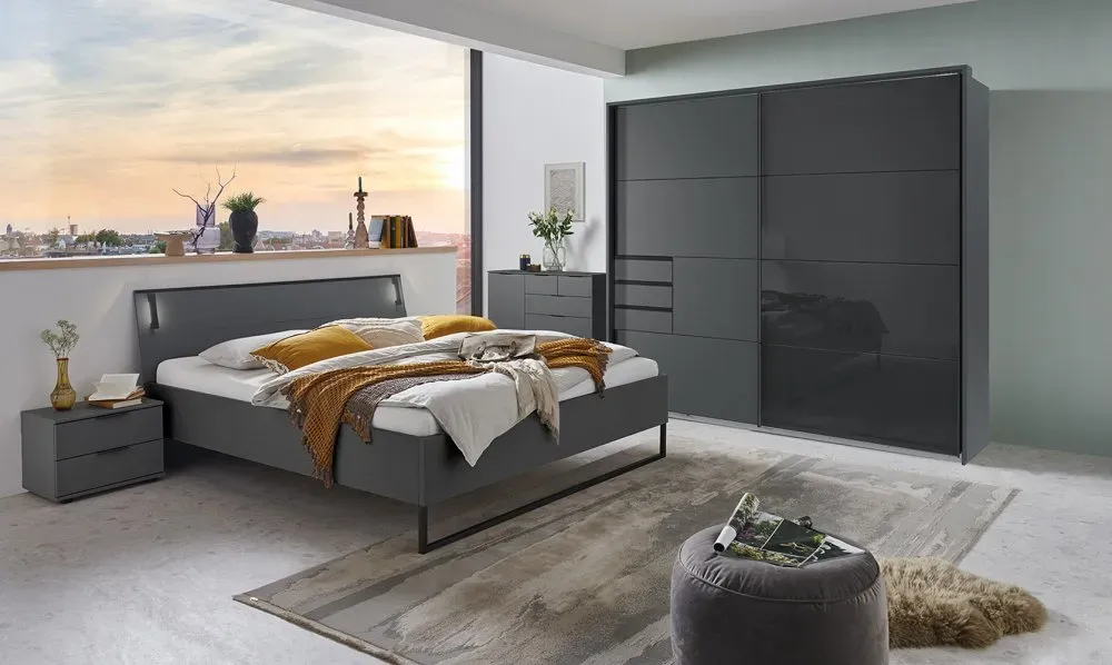 Illustration numéro 3 du produit Armoire 2 portes coulissantes 3 tiroirs TILBURG 225 cm graphite verre noir