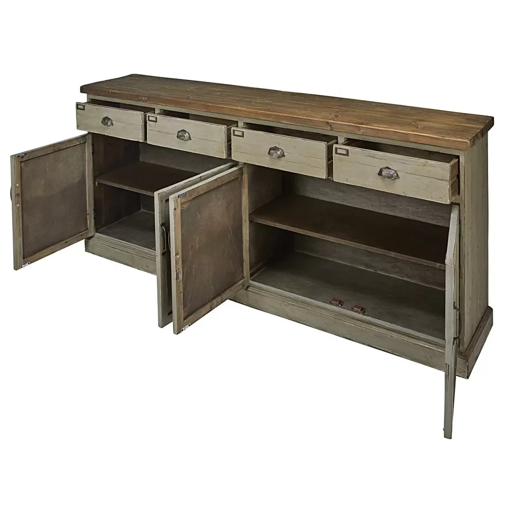 Illustration numéro 3 du produit Comptoir 4 portes 4 tiroirs en sapin recyclé patiné L210