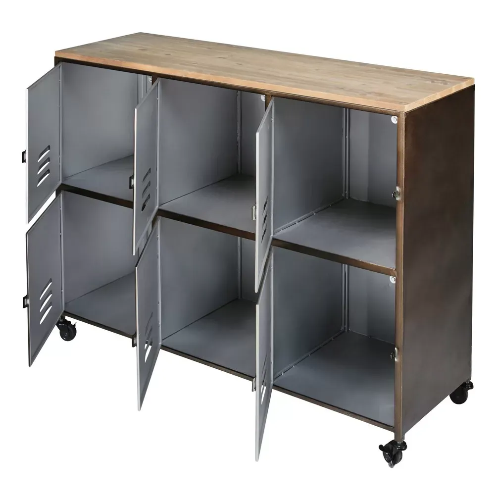 Illustration numéro 3 du produit Buffet industriel à roulettes 6 portes en métal et bois de sapin