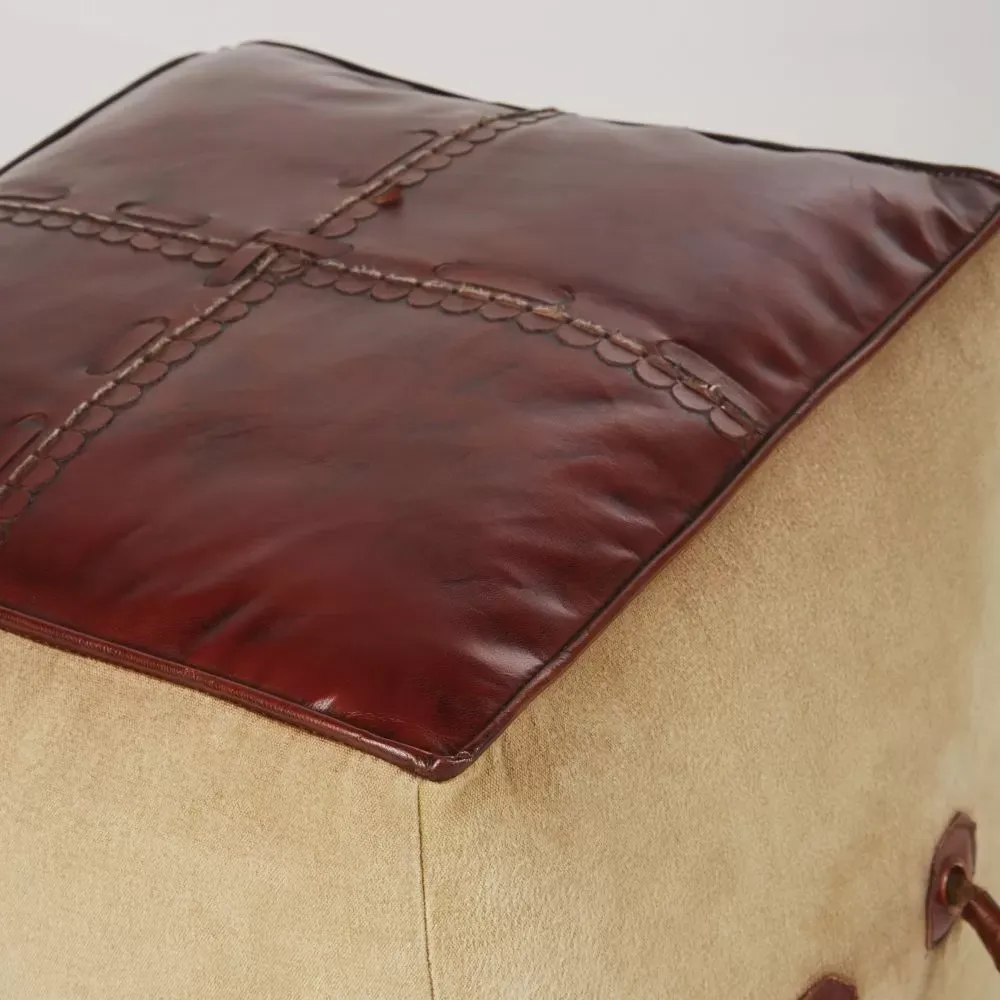 Illustration numéro 3 du produit Pouf carré en coton et cuir marron