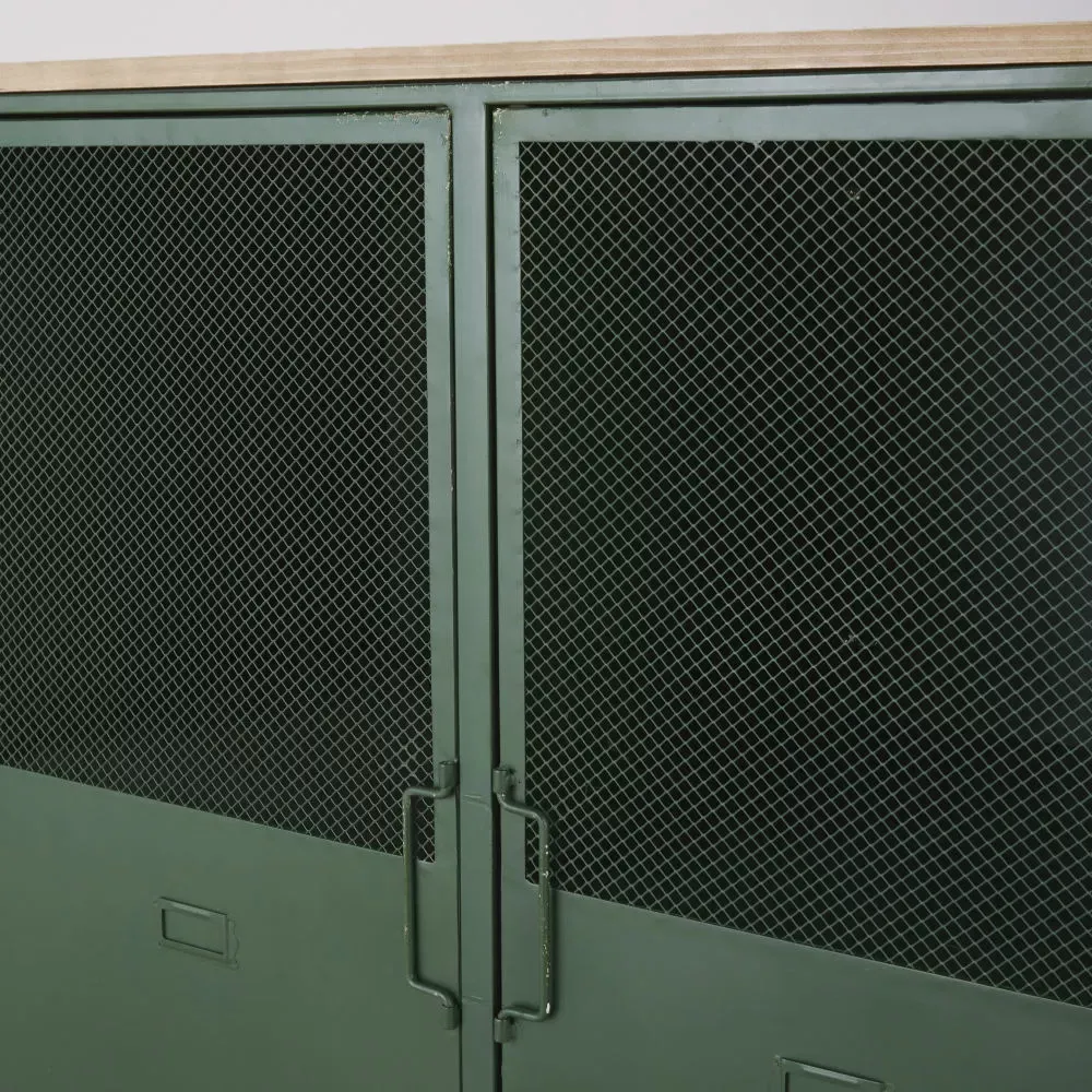 Illustration numéro 3 du produit Buffet style industriel 3 portes en bois de sapin et métal vert à roulettes