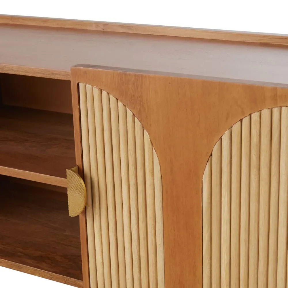 Illustration numéro 3 du produit Meuble TV 2 portes en bois de manguier massif, rotin et métal coloris laiton