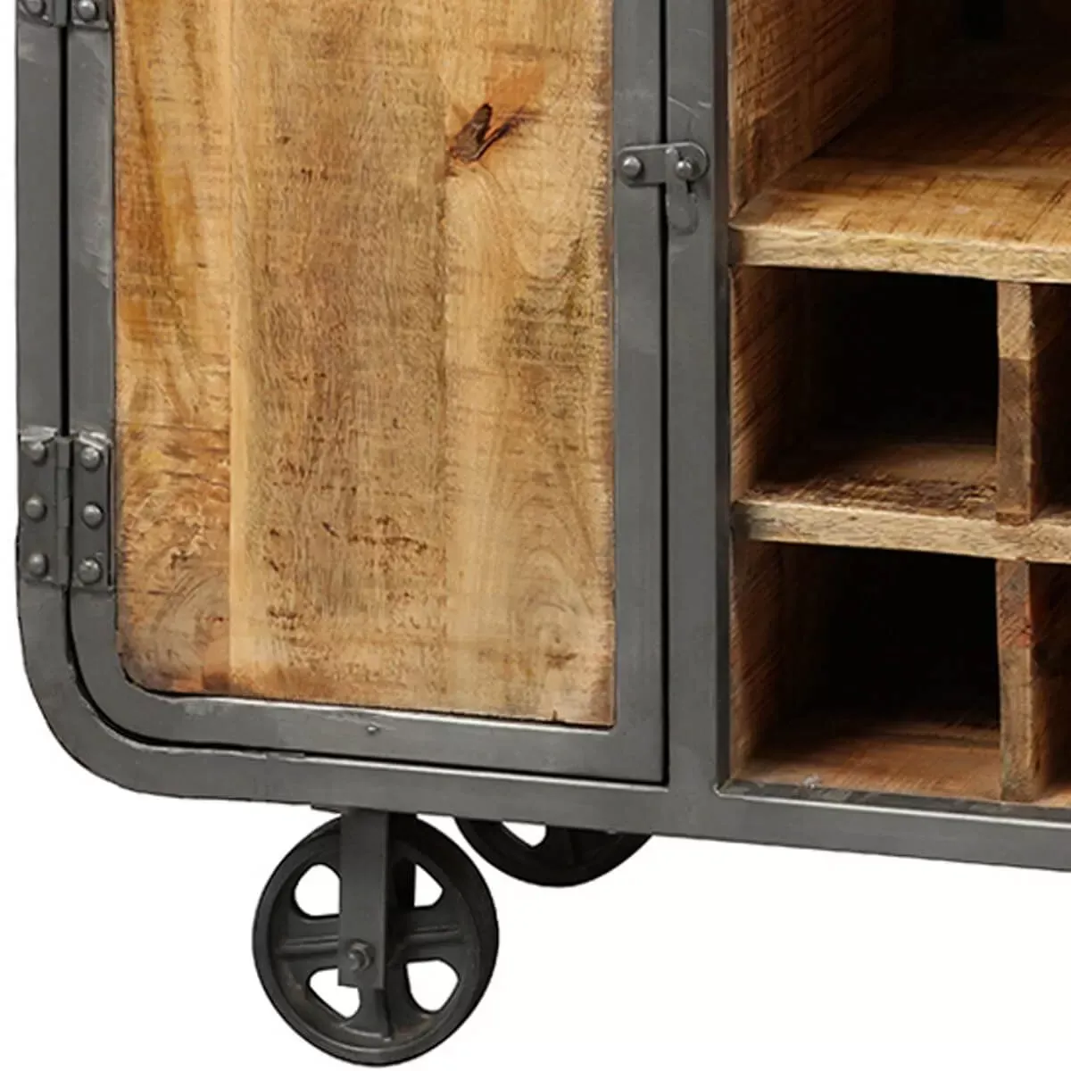 Illustration numéro 3 du produit Buffet de bar sur roulettes en bois massif et métal gris