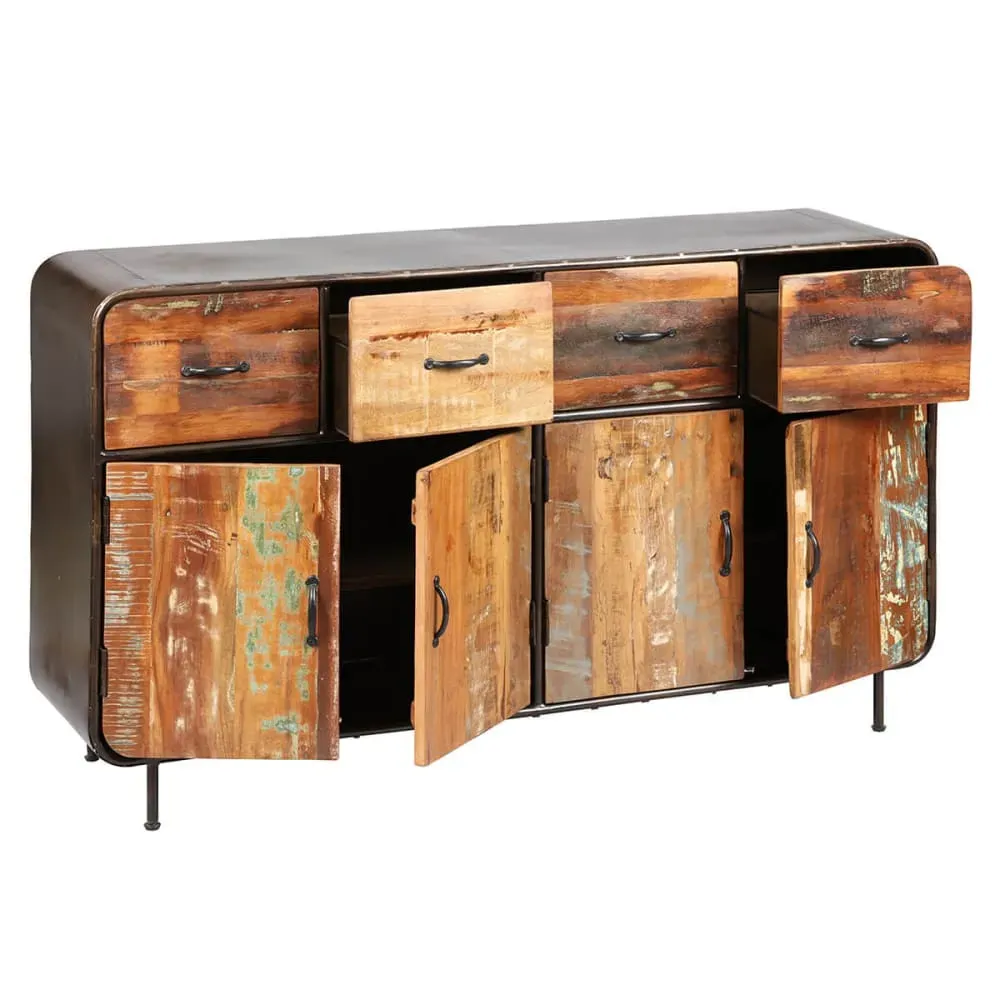 Illustration numéro 3 du produit Buffet 4 portes 4 tiroirs en bois massif et métal rouillé