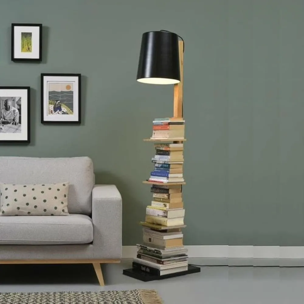 Illustration numéro 3 du produit Lampadaire avec étagères métal/bois noir H168cm
