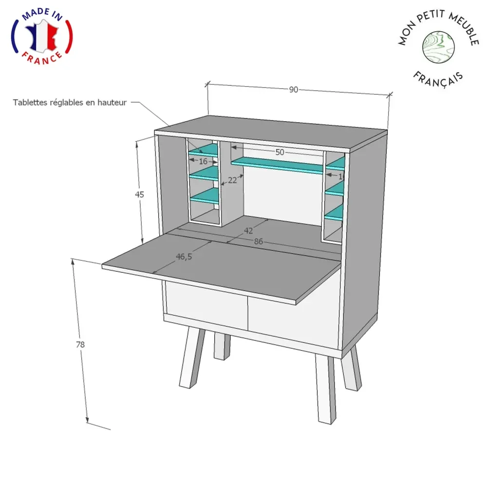 Illustration numéro 3 du produit Bureau secrétaire avec rangement de 90 cm de large, en frêne