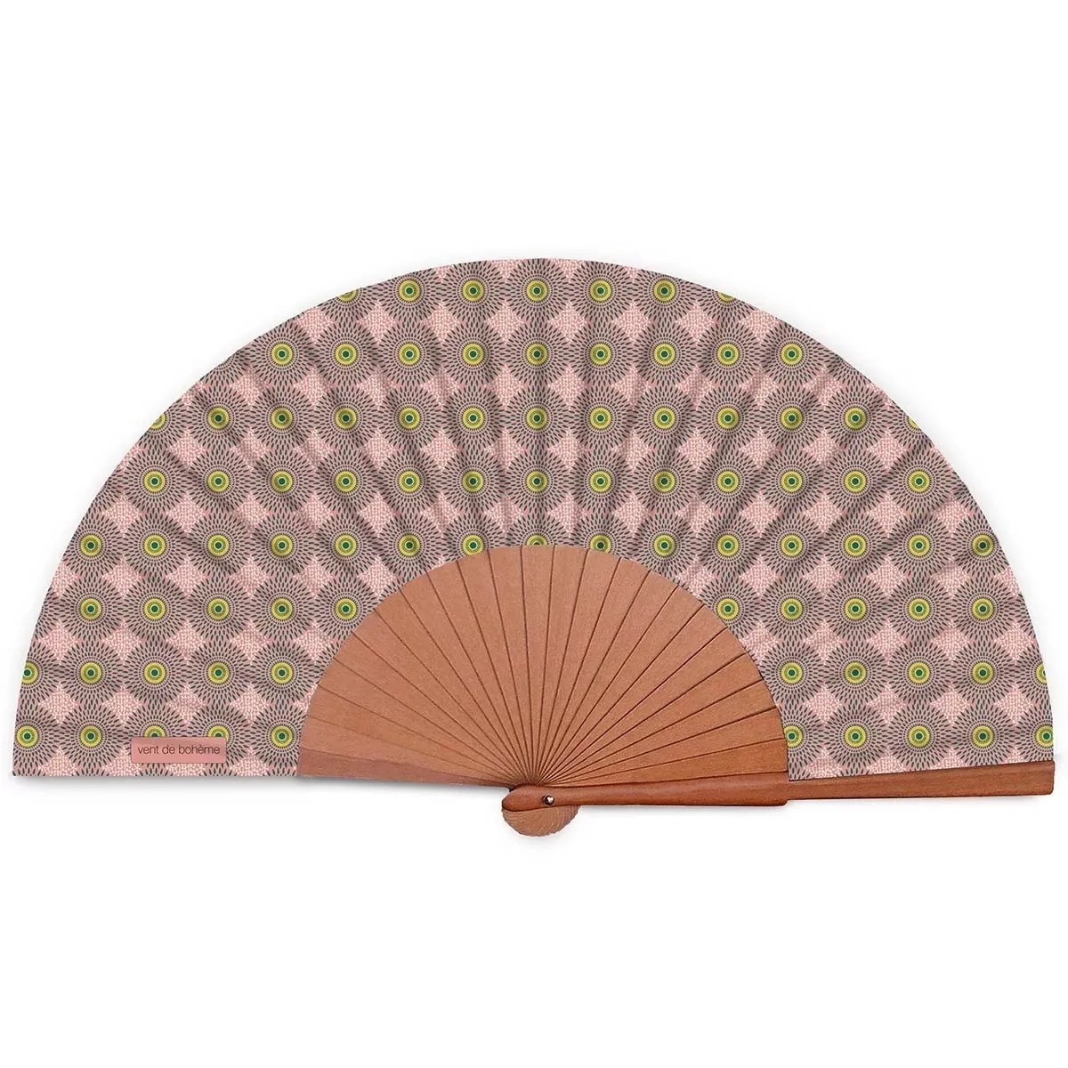 Illustration numéro 3 du produit Eventail bois de merisier motif graphique rose