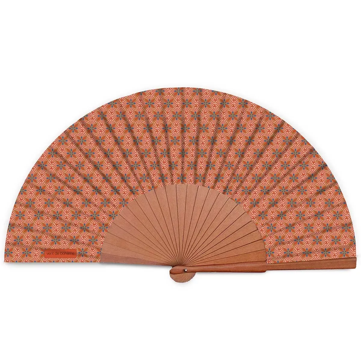 Illustration numéro 3 du produit Eventail bois de merisier motif graphique orange