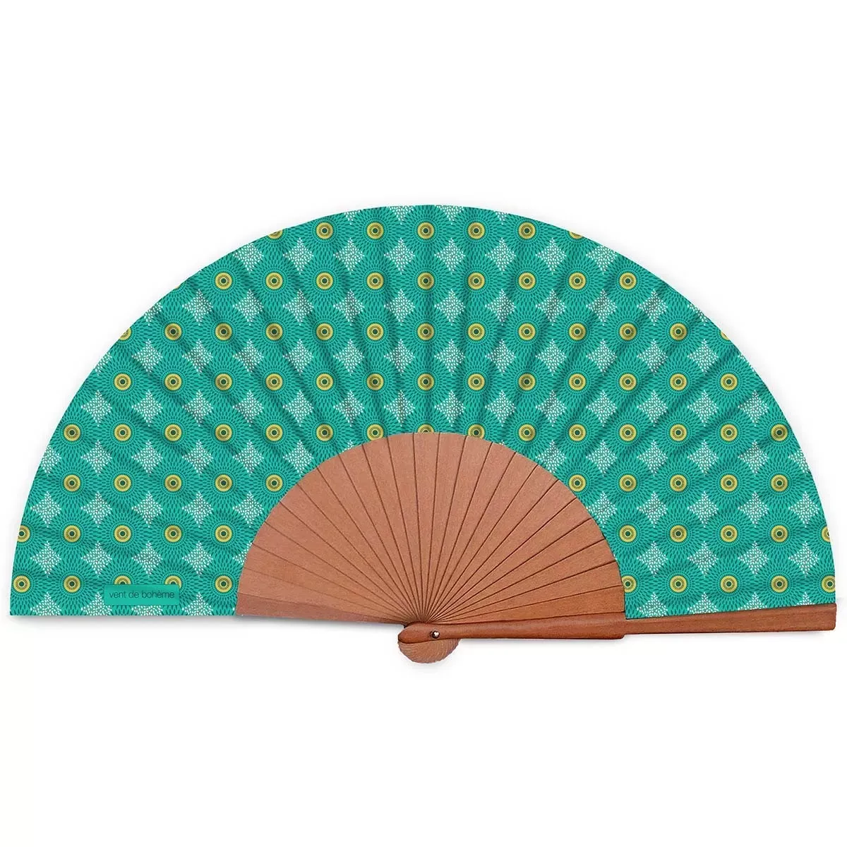 Illustration numéro 3 du produit Eventail bois de merisier motif graphique turquoise