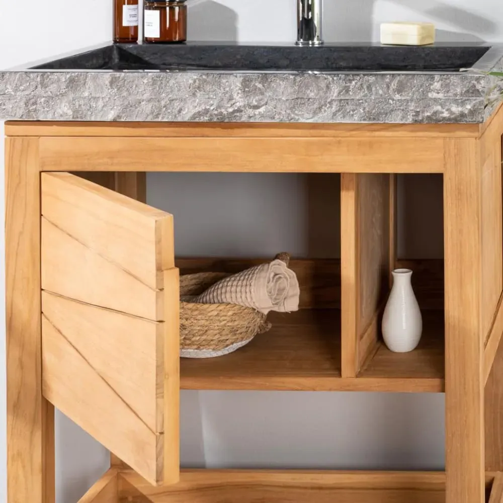 Illustration numéro 3 du produit Meuble sous vasque en teck et vasque marbre noir L67cm