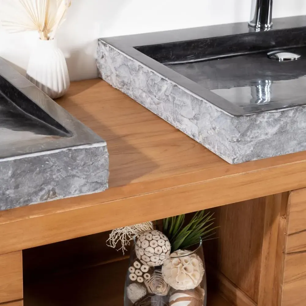 Illustration numéro 3 du produit Meuble double vasque en teck et 2 vasques noir L160cm