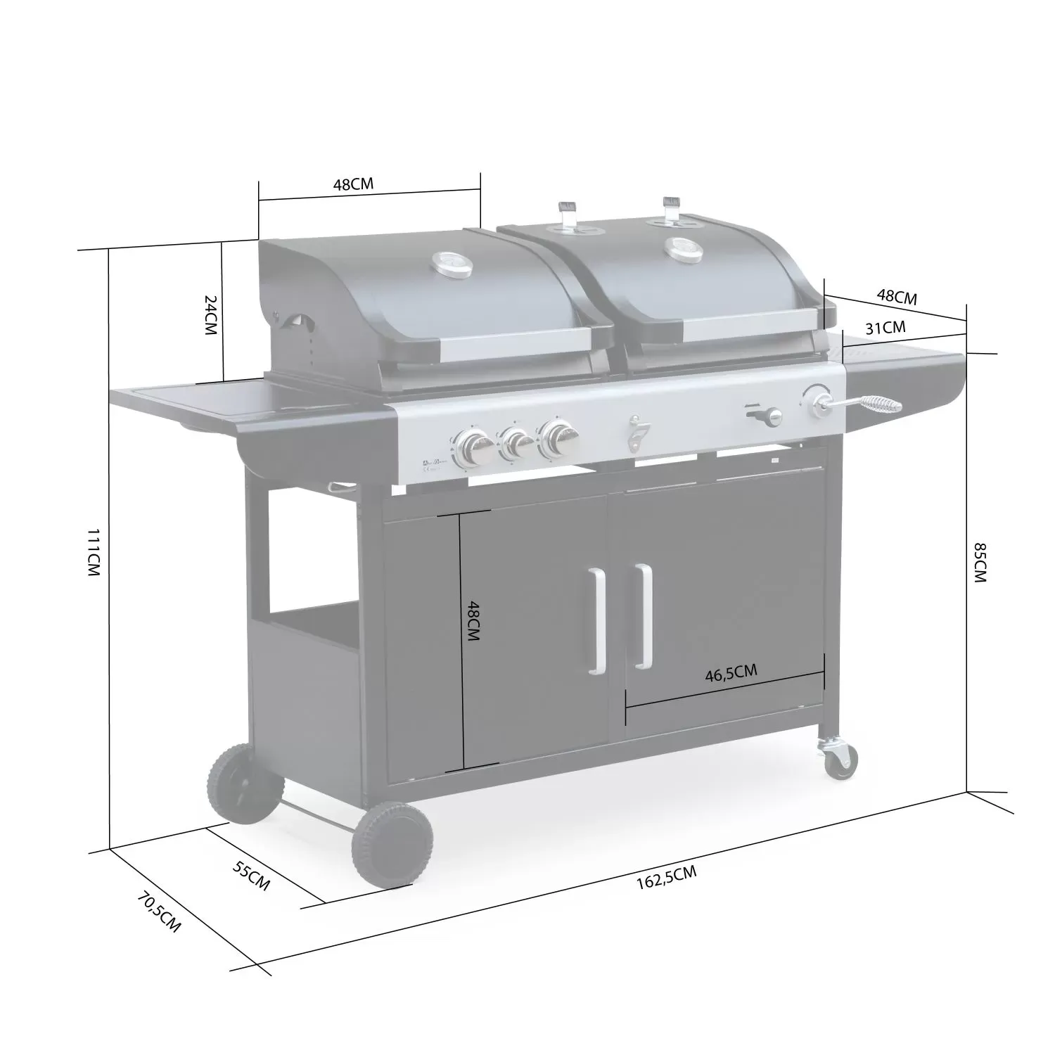 Illustration numéro 3 du produit Barbecue 2 en 1 gaz et charbon 2 brûleurs avec 1 feu latéral