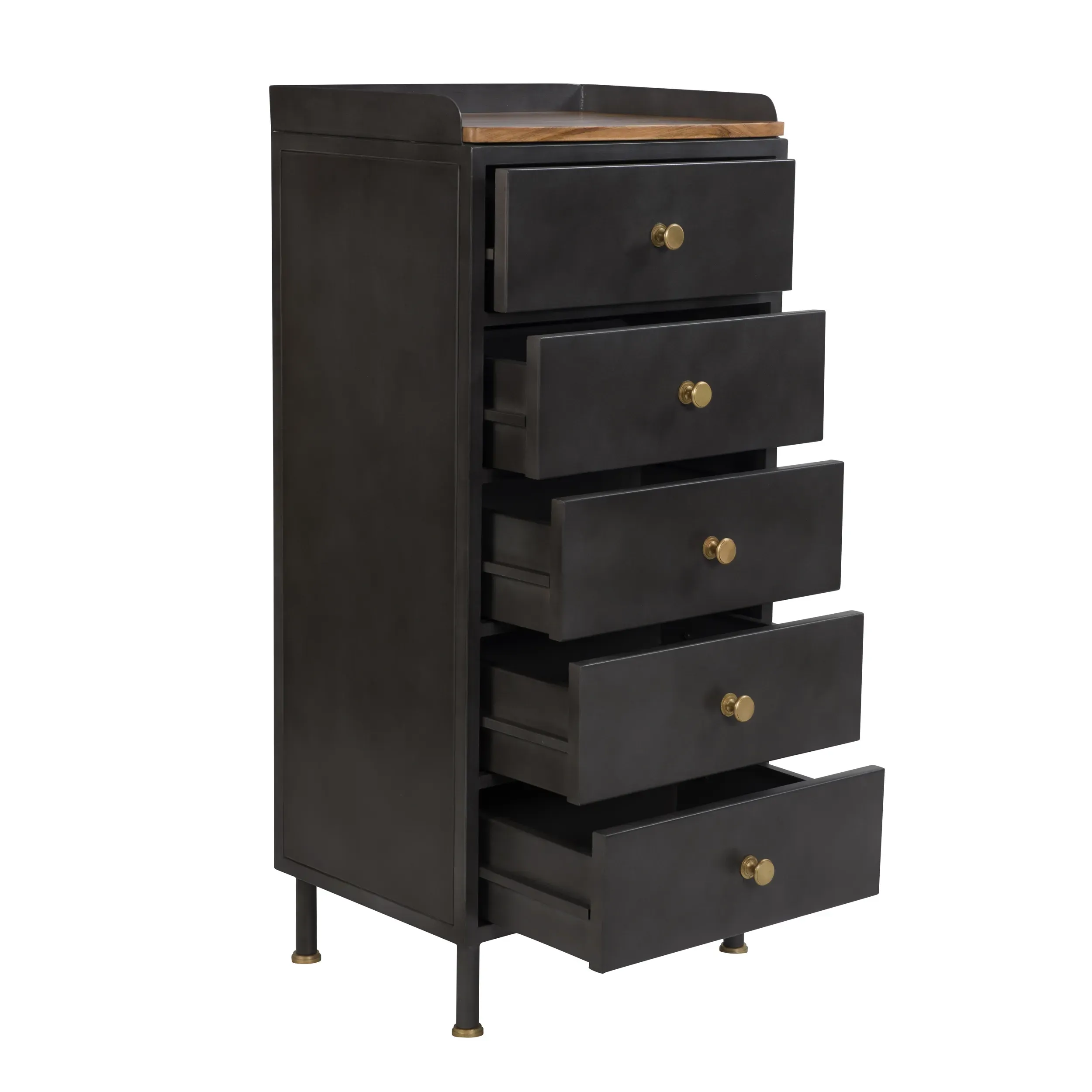 Illustration numéro 3 du produit Chiffonnier 5 tiroirs en métal gris métallisé et bois de manguier