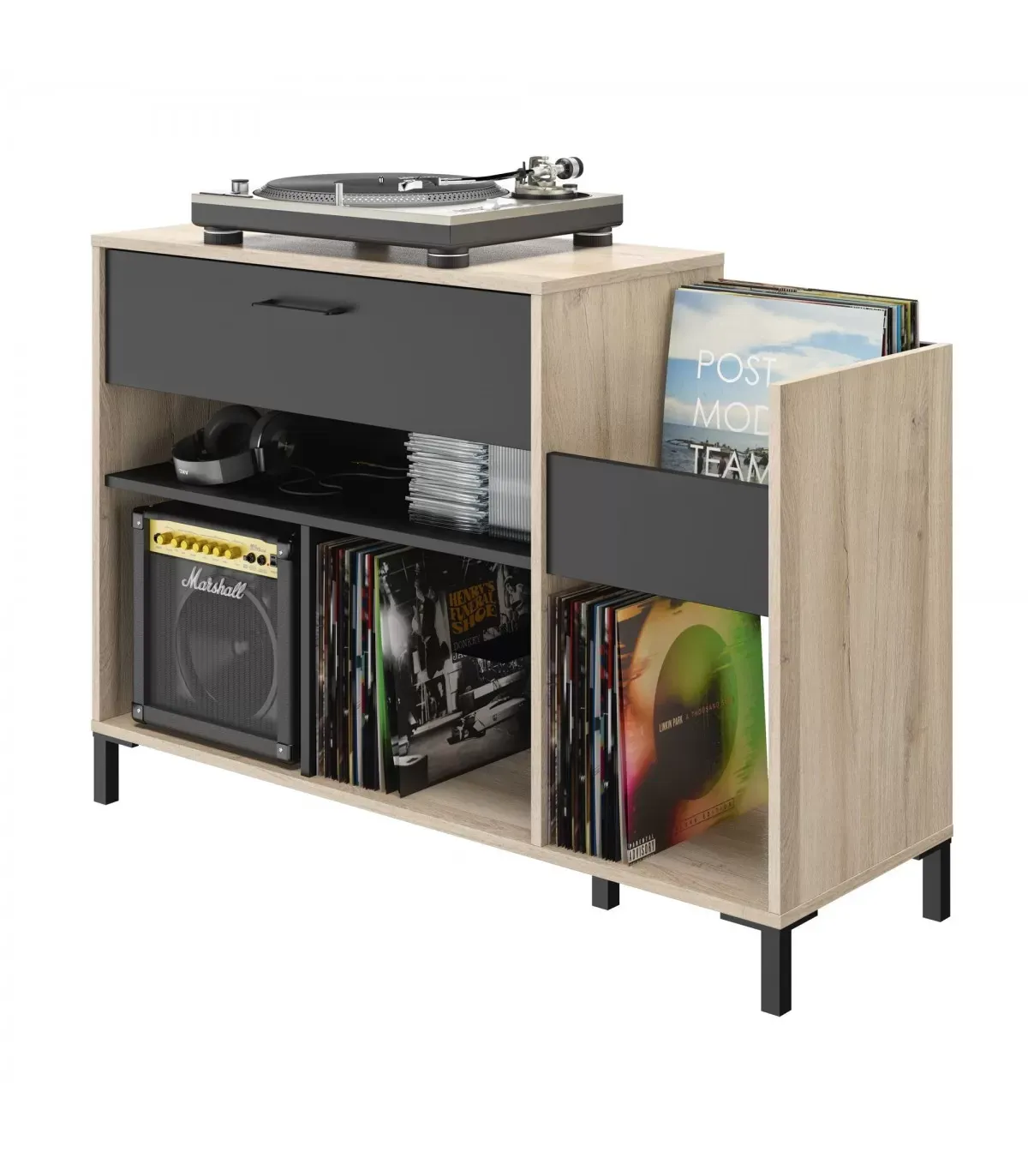 Illustration numéro 3 du produit Meuble de rangement vinyles 1 tiroir style industriel - Marron et noir