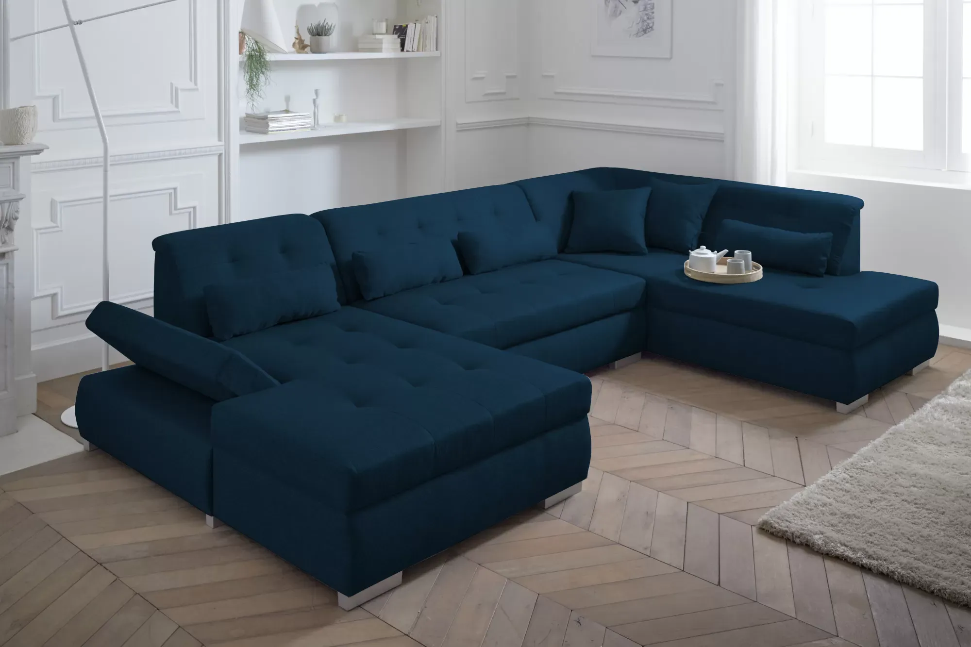 Illustration numéro 3 du produit Canapé panoramique 7 places Angle droit en Tissu Bleu pétrole