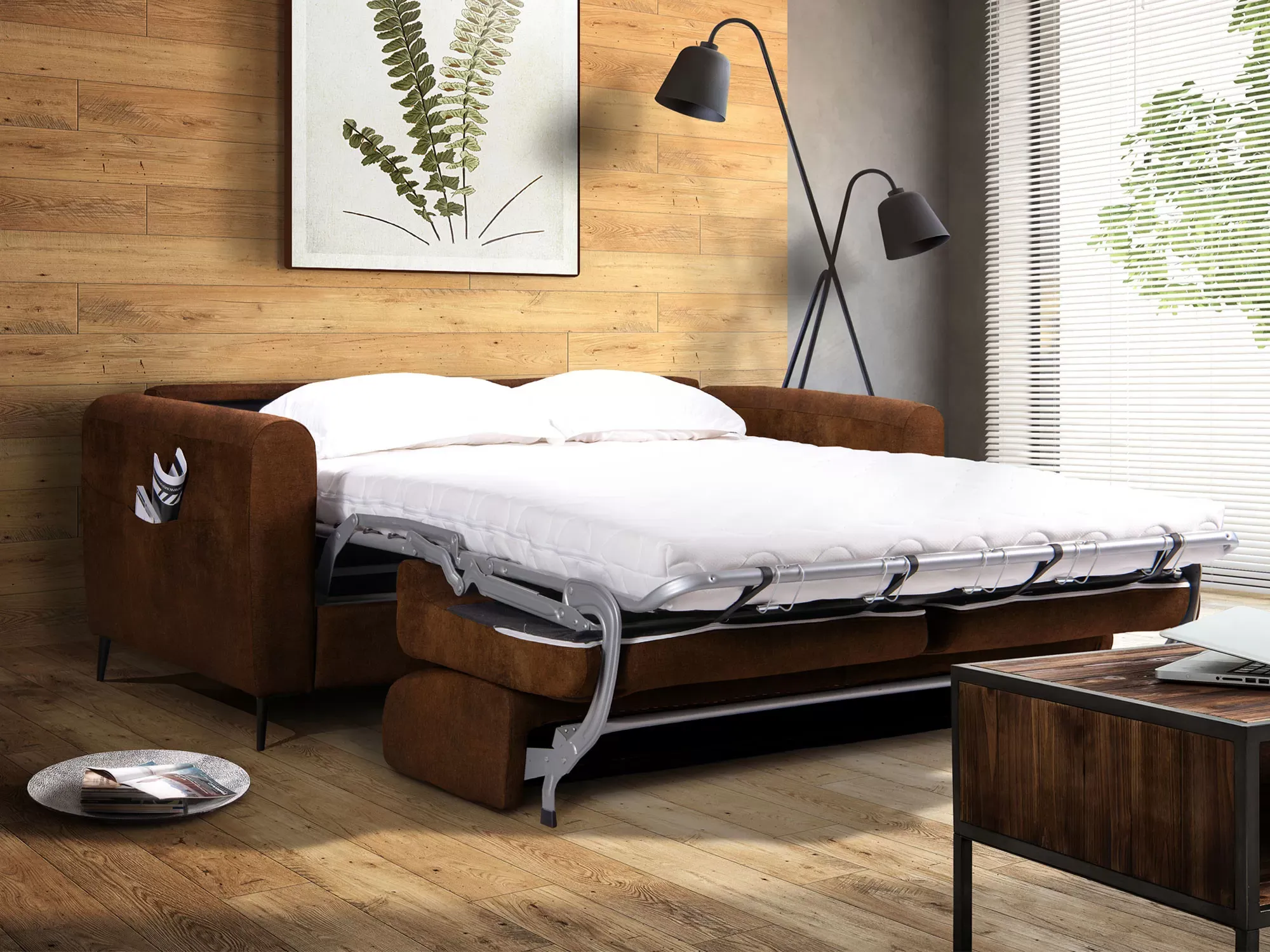 Illustration numéro 3 du produit Canapé droit convertible 3 places en microfibre marron