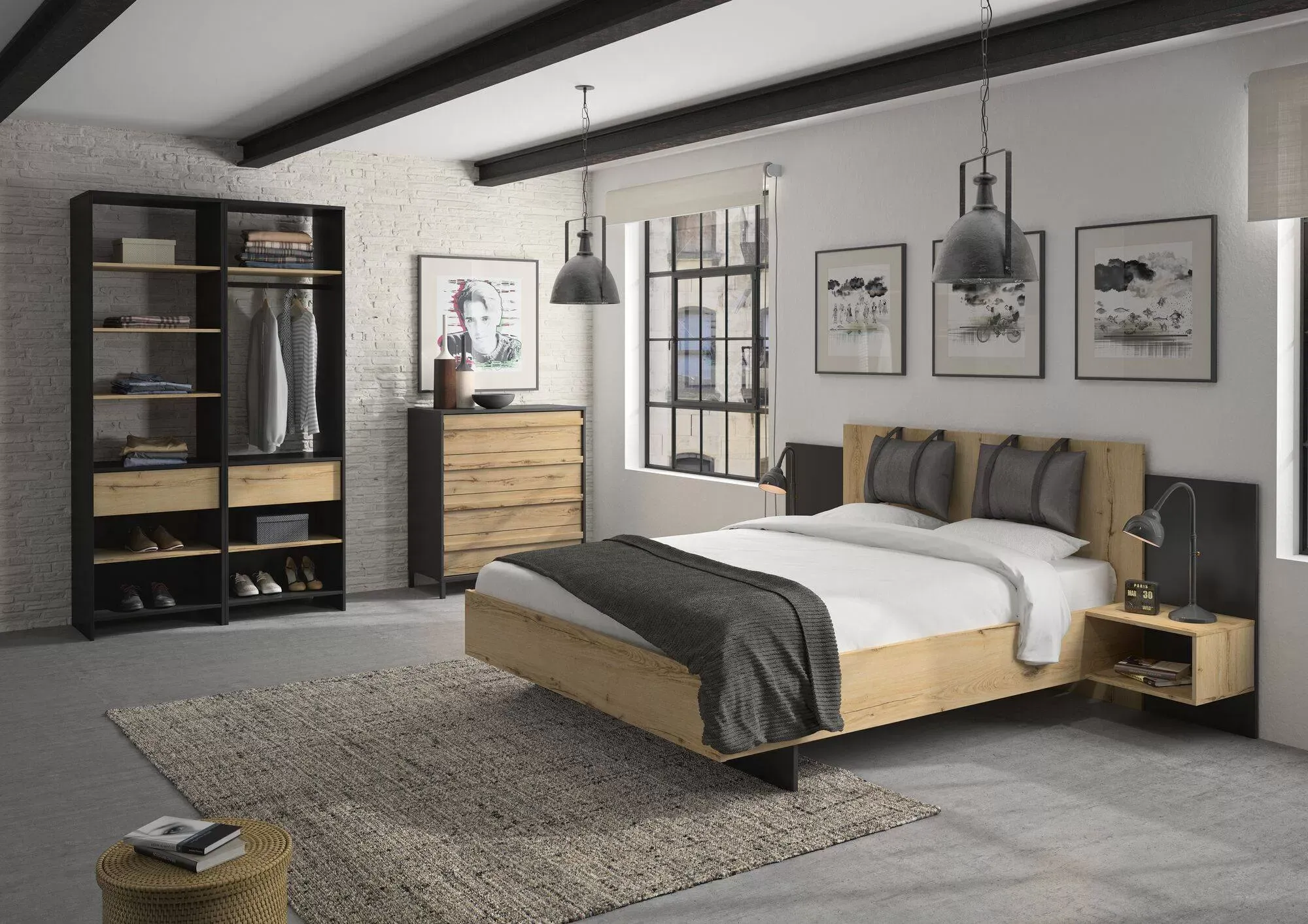 Illustration numéro 3 du produit Commode 4 tiroirs H104 cm décor effet chêne et noir