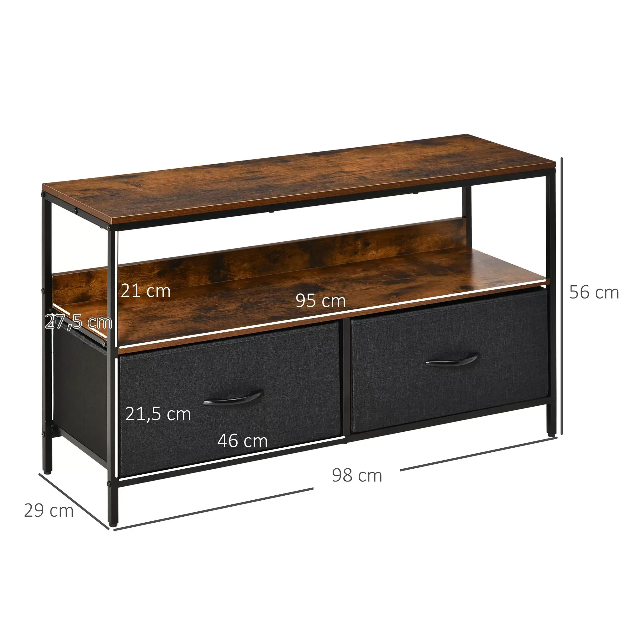 Illustration numéro 3 du produit Meuble TV industriel 2 tiroirs tissu gris acier MDF noir bois vieilli
