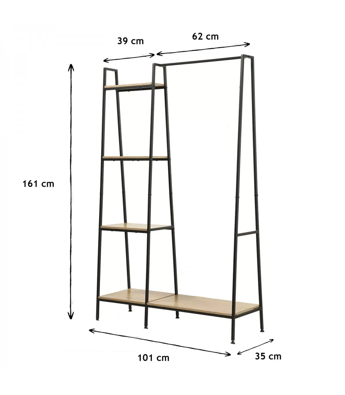 Illustration numéro 3 du produit Penderie Industrielle 1 Tablette Basse avec 4 Étagères - Effet Bois