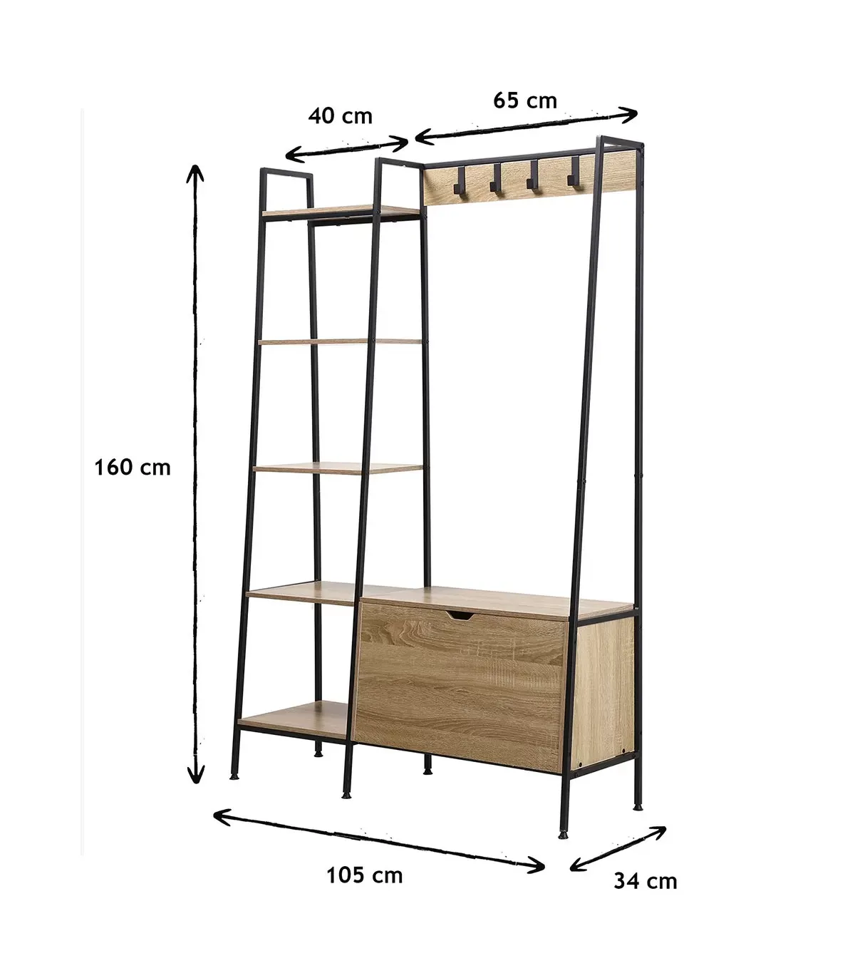 Illustration numéro 3 du produit Penderie 4 Crochets 5 Étagères avec Coffre à Chaussures - Marron