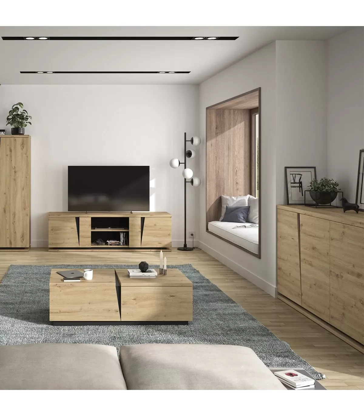 Illustration numéro 3 du produit Buffet 4 Portes L 221 cm - Décor chêne et noir