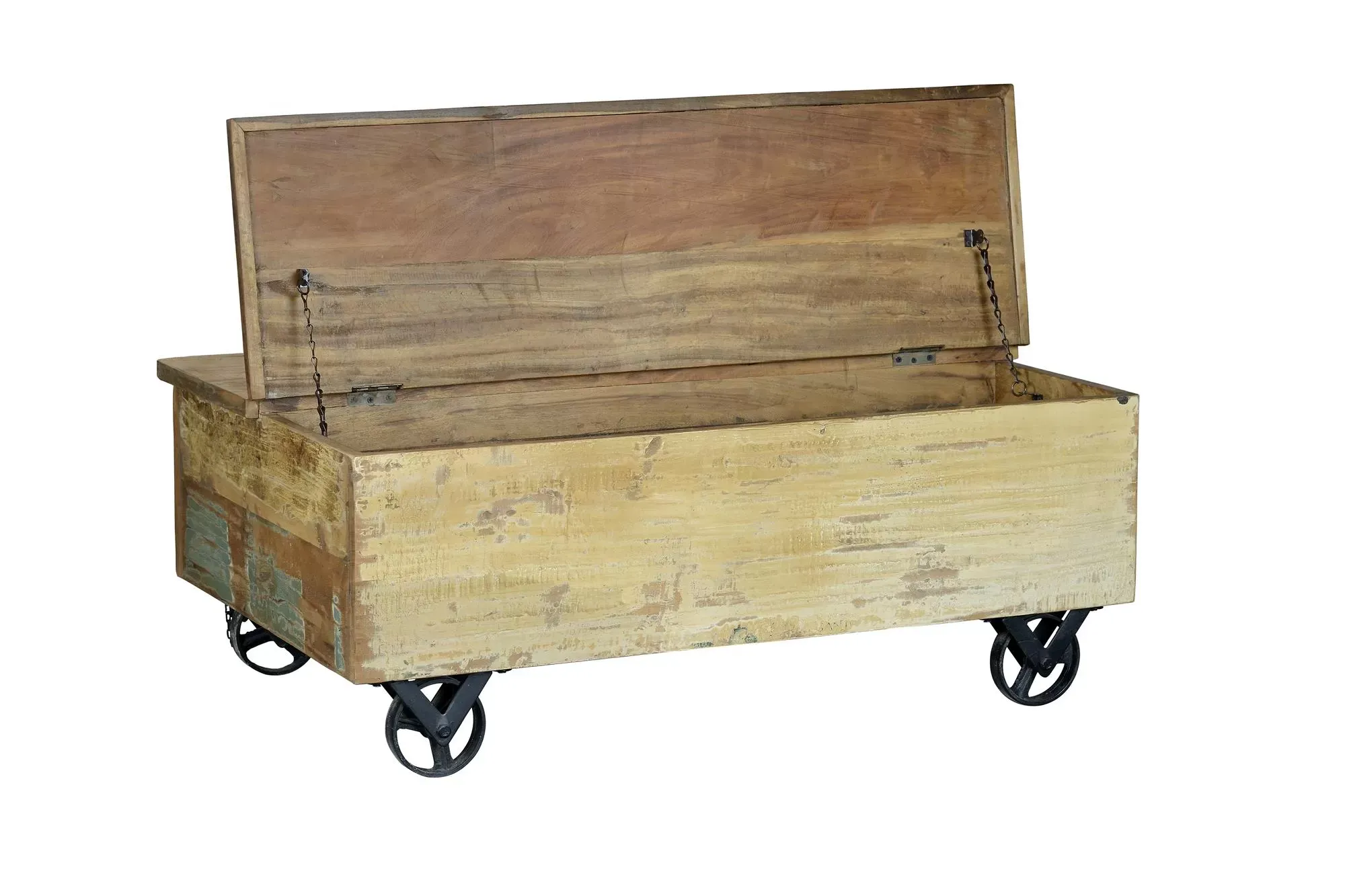 Illustration numéro 3 du produit Table basse en bois recyclé et roulettes métal multicolores