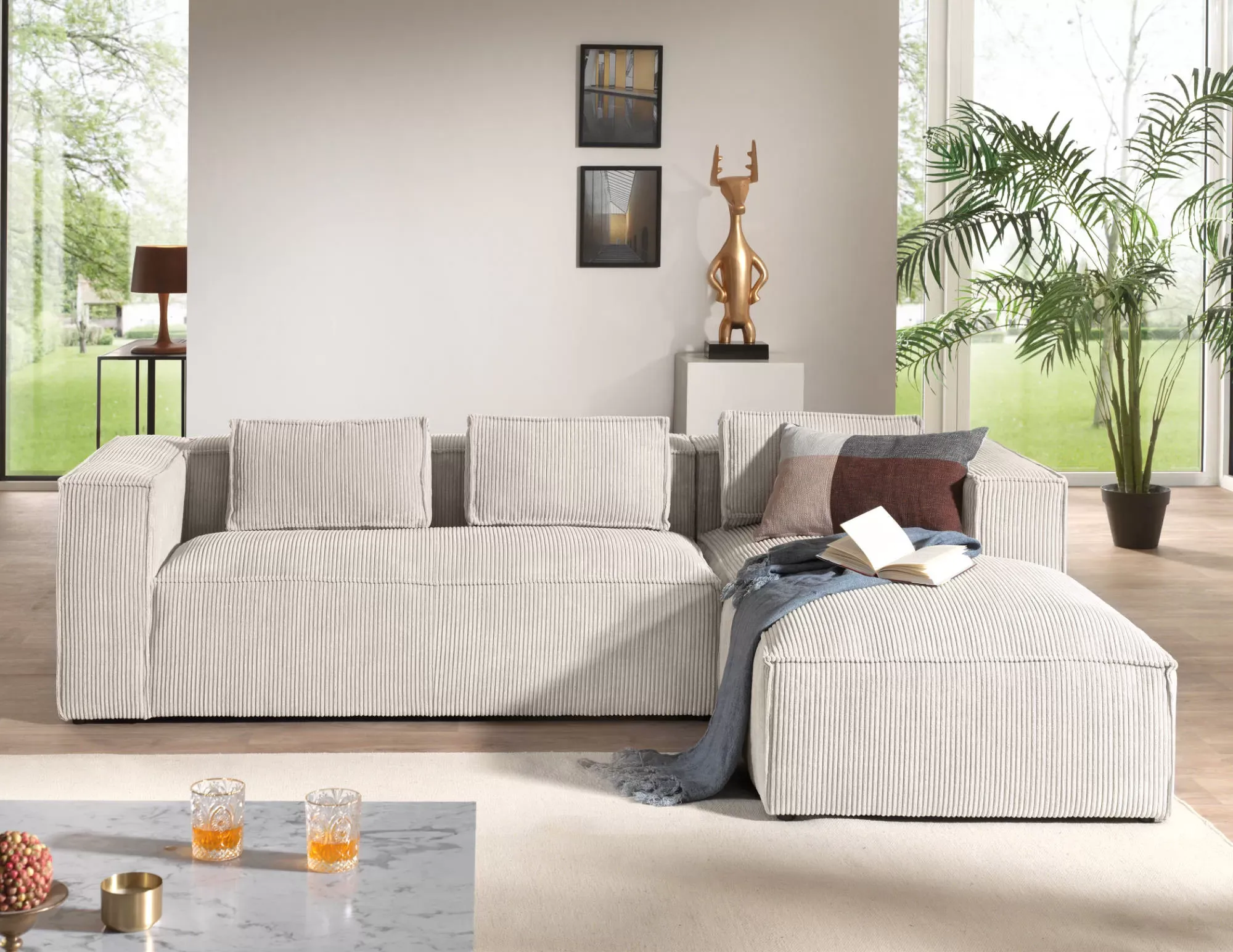 Illustration numéro 3 du produit Canapé d'angle droit 4 places en velours côtelé beige