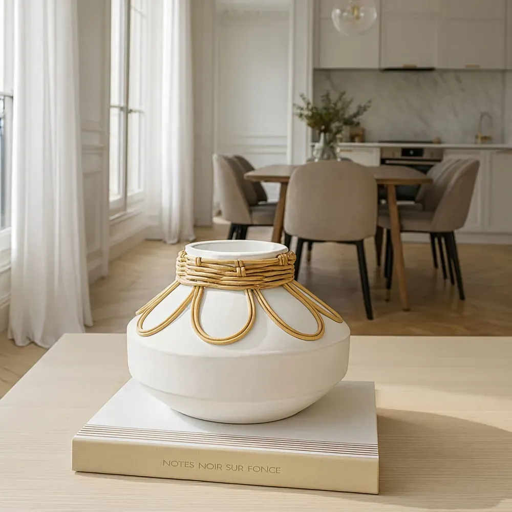 Illustration numéro 3 du produit Vase en béton et rotin blanc h16cm