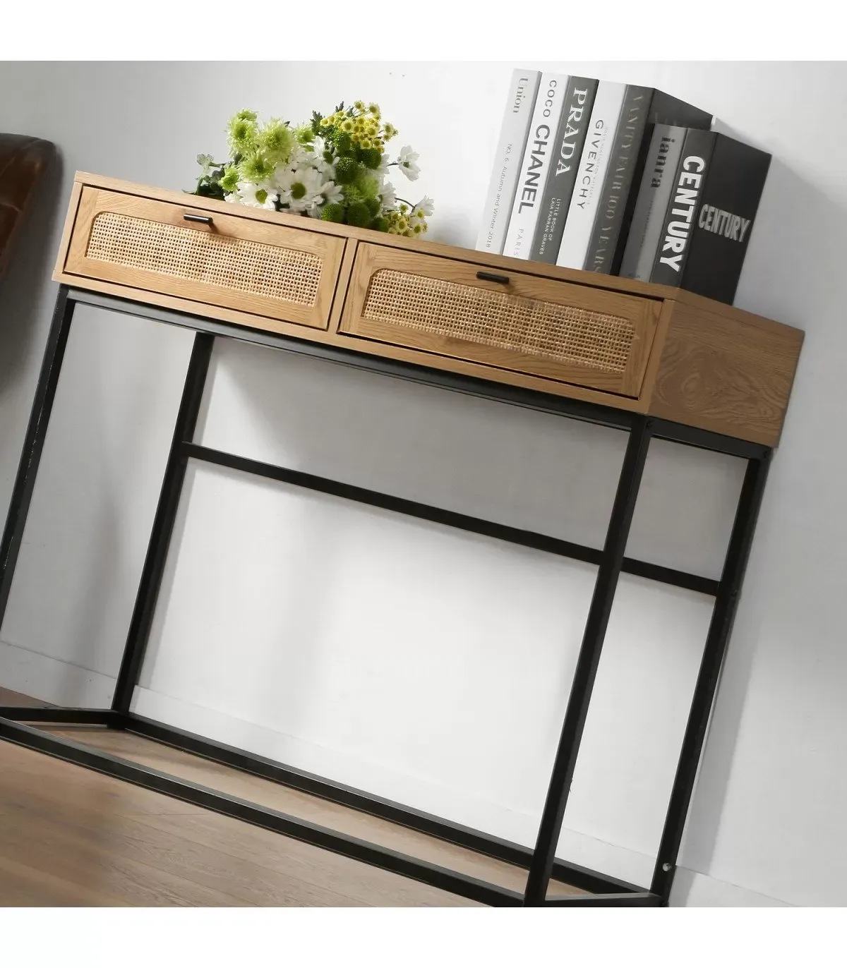 Illustration numéro 3 du produit Console 2 Tiroirs Aspect Chêne avec Cannage Rotin - L100cm