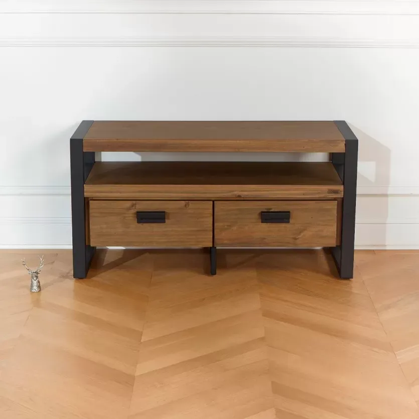 Illustration numéro 3 du produit Meuble tv en pin et métal 2 tiroirs teinte fonçée
