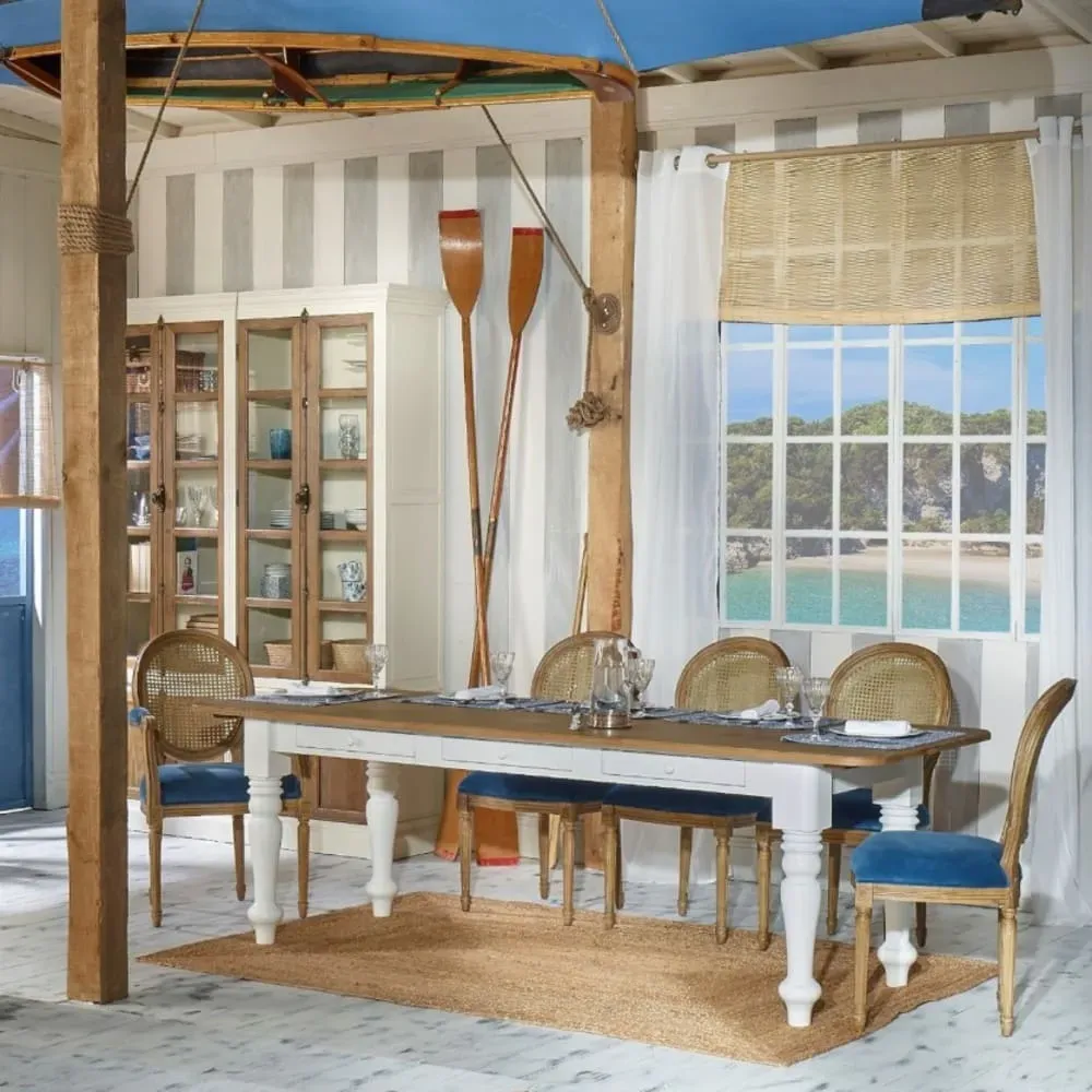 Illustration numéro 3 du produit Fauteuil de table en hévéa, cannage et velours bleu orage