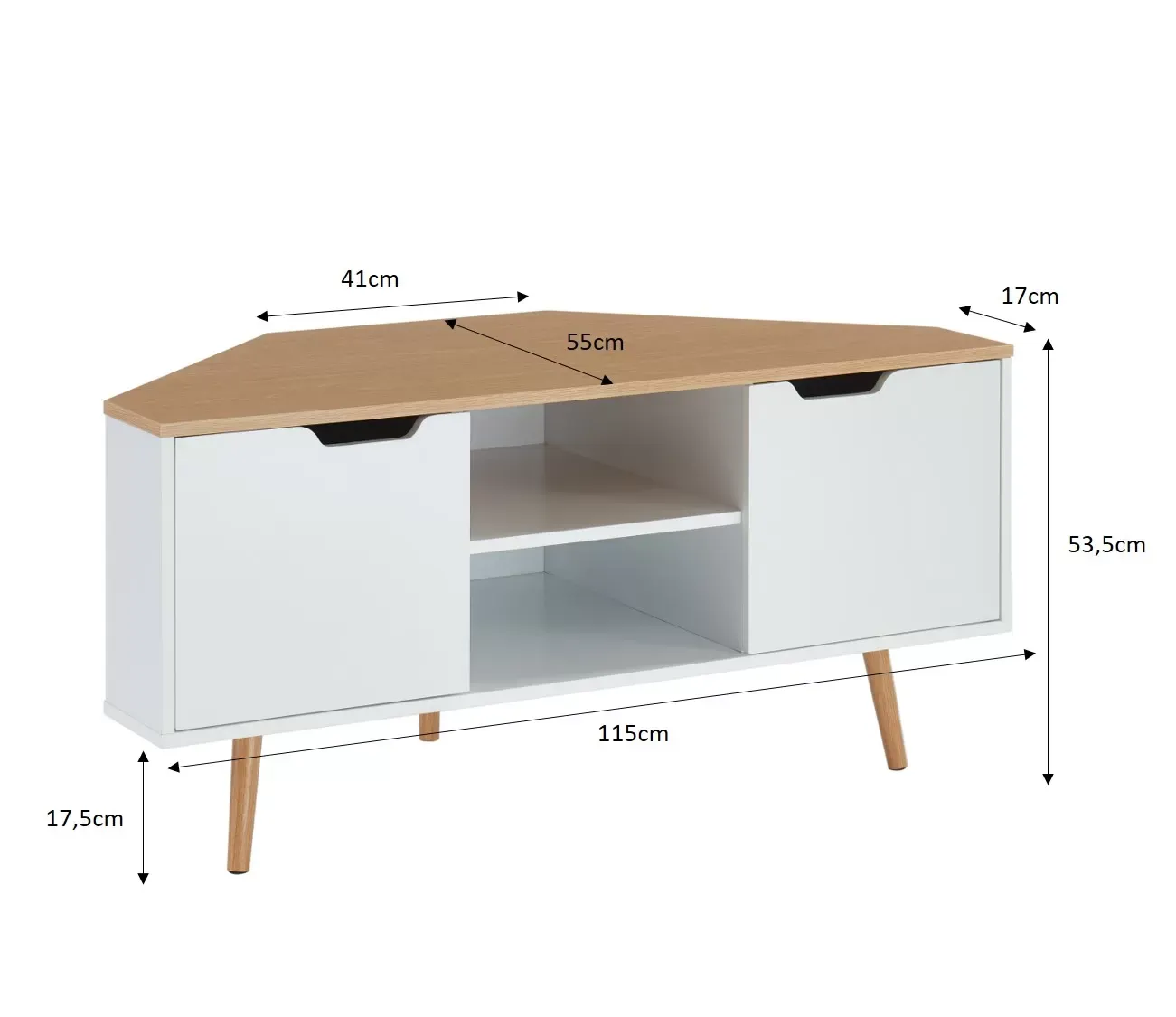 Illustration numéro 3 du produit Meuble tv d'angle   blanc et effet bois et chêne  2 portes 115cm