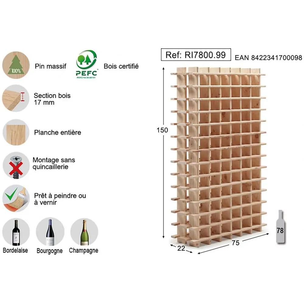 Illustration numéro 3 du produit Casier à bouteilles en pin massif brut 78 bouteilles