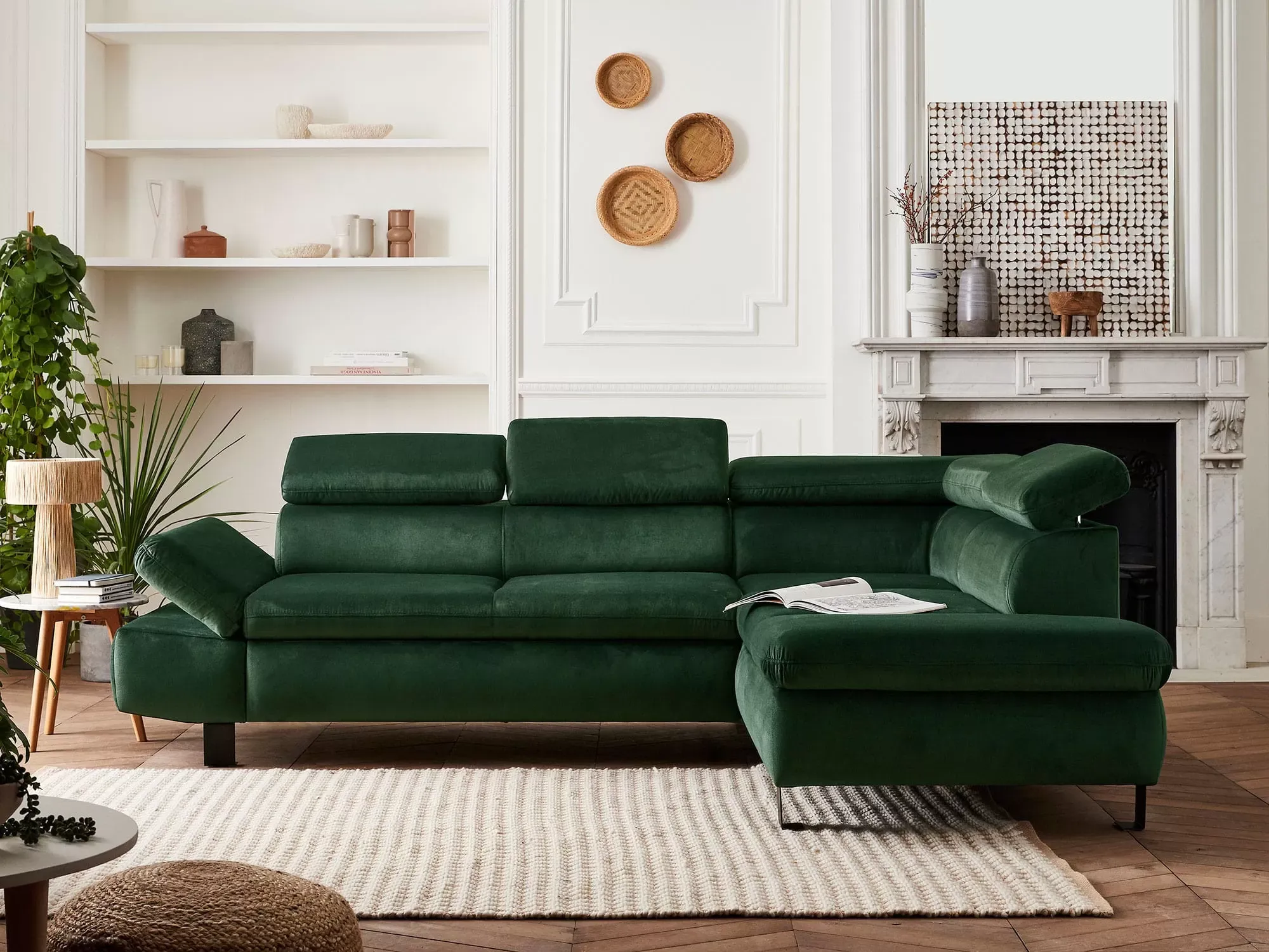 Illustration numéro 3 du produit Canapé d'angle droit convertible 5 places en velours vert