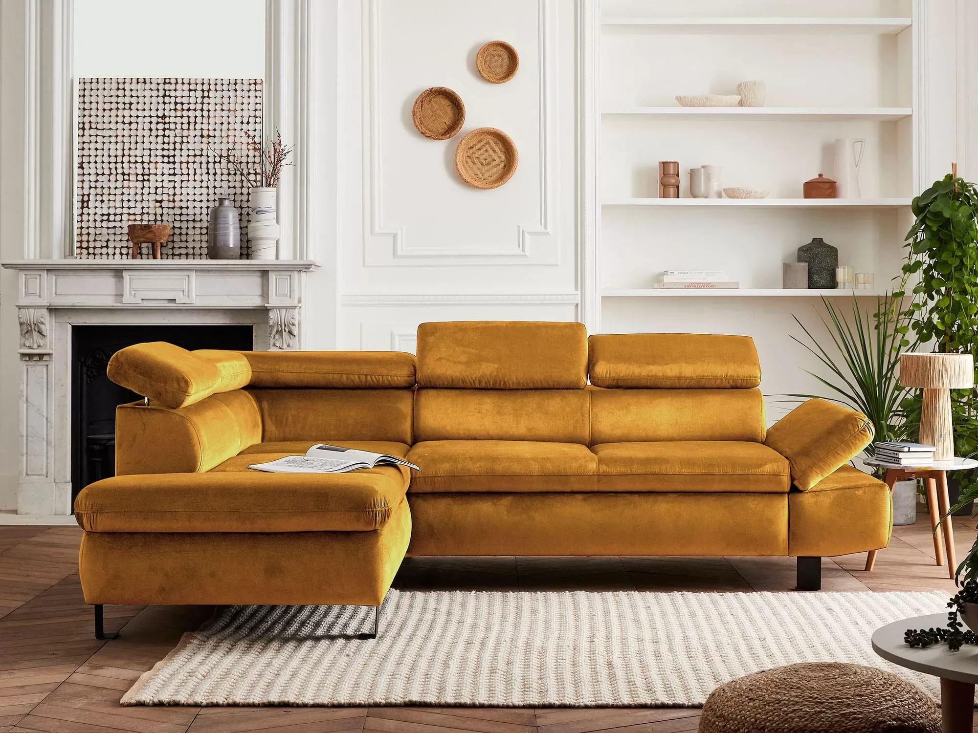 Illustration numéro 3 du produit Canapé d'angle gauche convertible 5 places en velours jaune