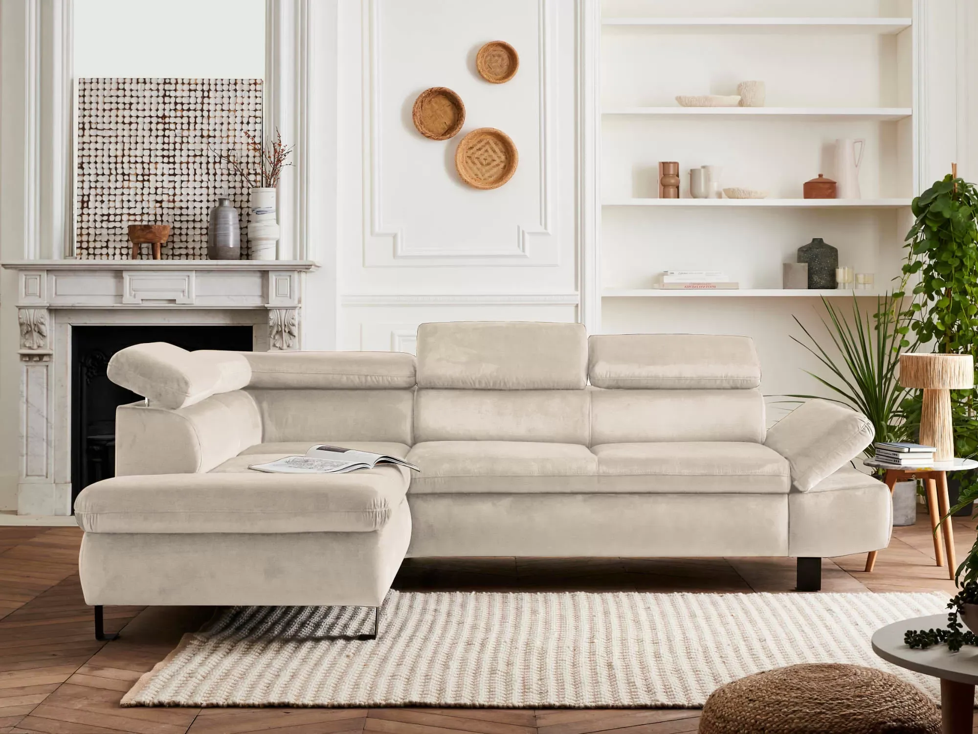 Illustration numéro 3 du produit Canapé d'angle gauche convertible 5 places en velours beige