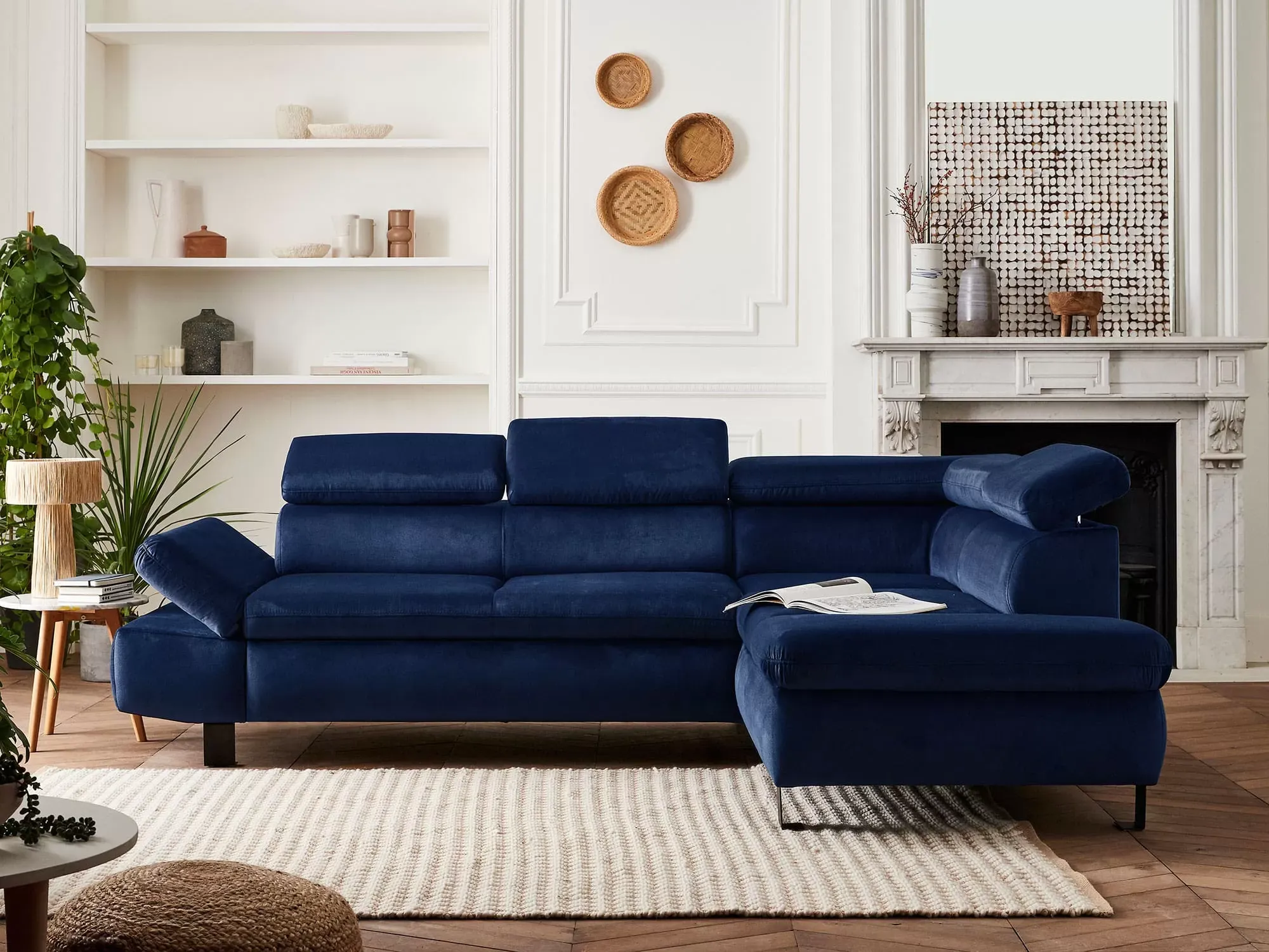 Illustration numéro 3 du produit Canapé d'angle droit convertible 5 places en velours bleu nuit