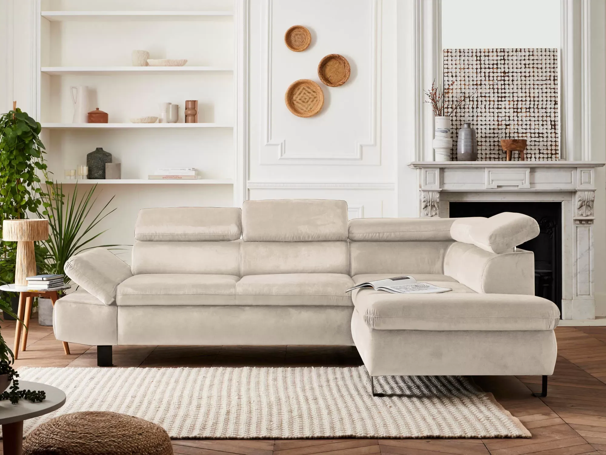 Illustration numéro 3 du produit Canapé d'angle droit convertible 5 places en velours beige