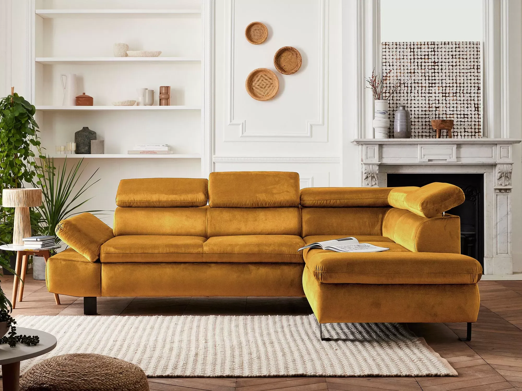 Illustration numéro 3 du produit Canapé d'angle droit convertible 5 places en velours jaune