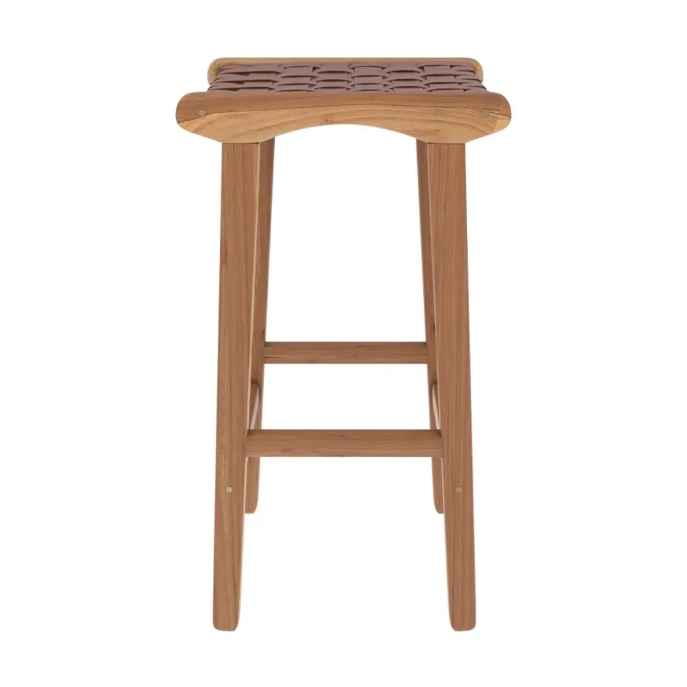 Illustration numéro 3 du produit Tabouret pour îlot central 68 cm en teck et cuir tressé marron