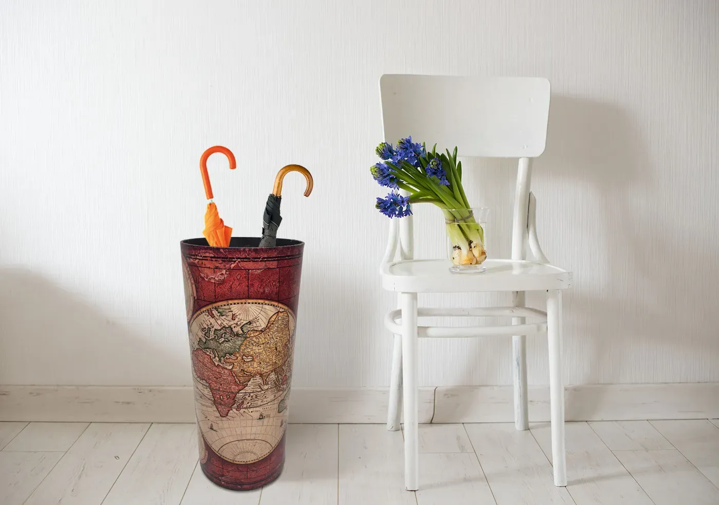 Illustration numéro 3 du produit Porte parapluie carte du monde en toile bois beige et rouge