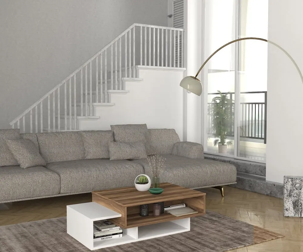 Illustration numéro 3 du produit Table basse asymétrique bois blanc et naturel