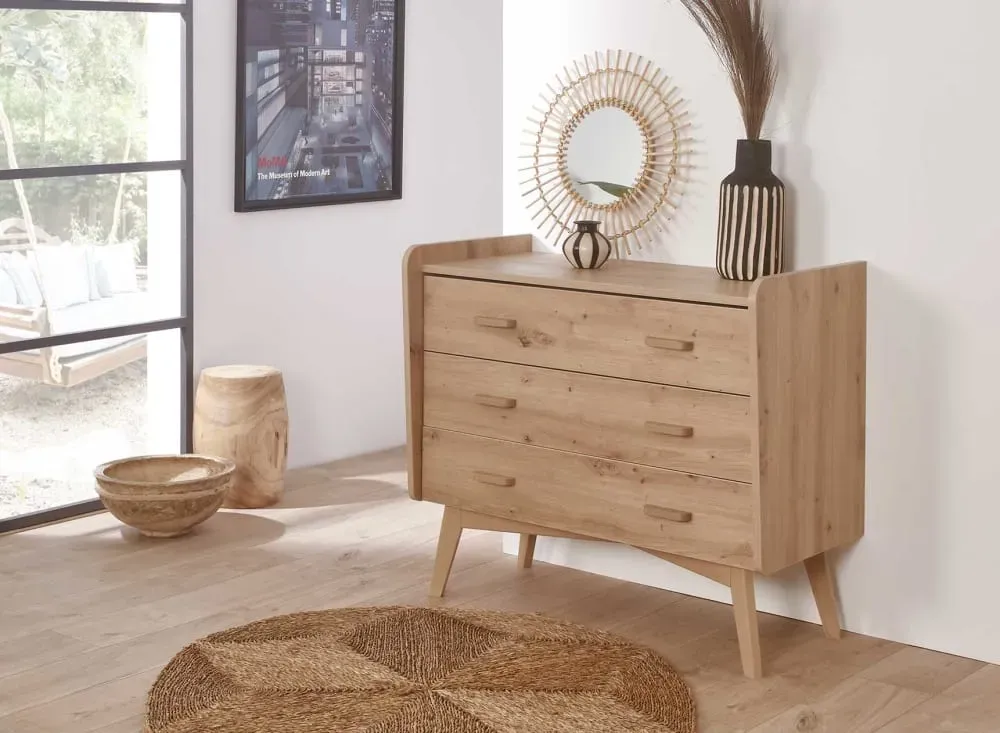 Illustration numéro 3 du produit Commode 3 tiroirs en chêne vintage - Larg. 100 cm