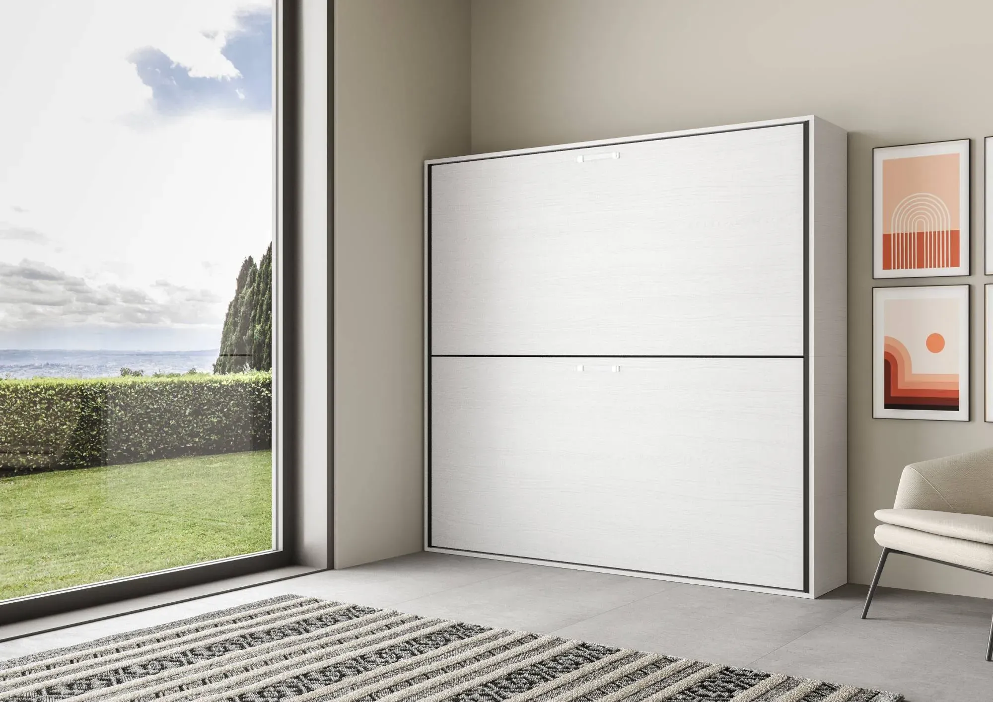 Illustration numéro 3 du produit Lit escamotable horizontal superposé effet bois frêne blanc