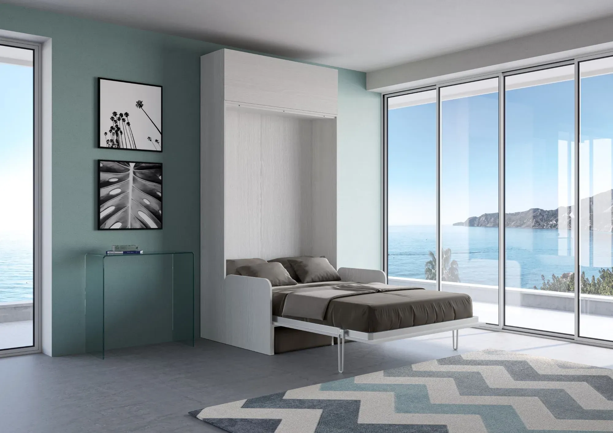 Illustration numéro 3 du produit Lit escamotable vertical 140 av.èlèment haut effet bois frêne blanc