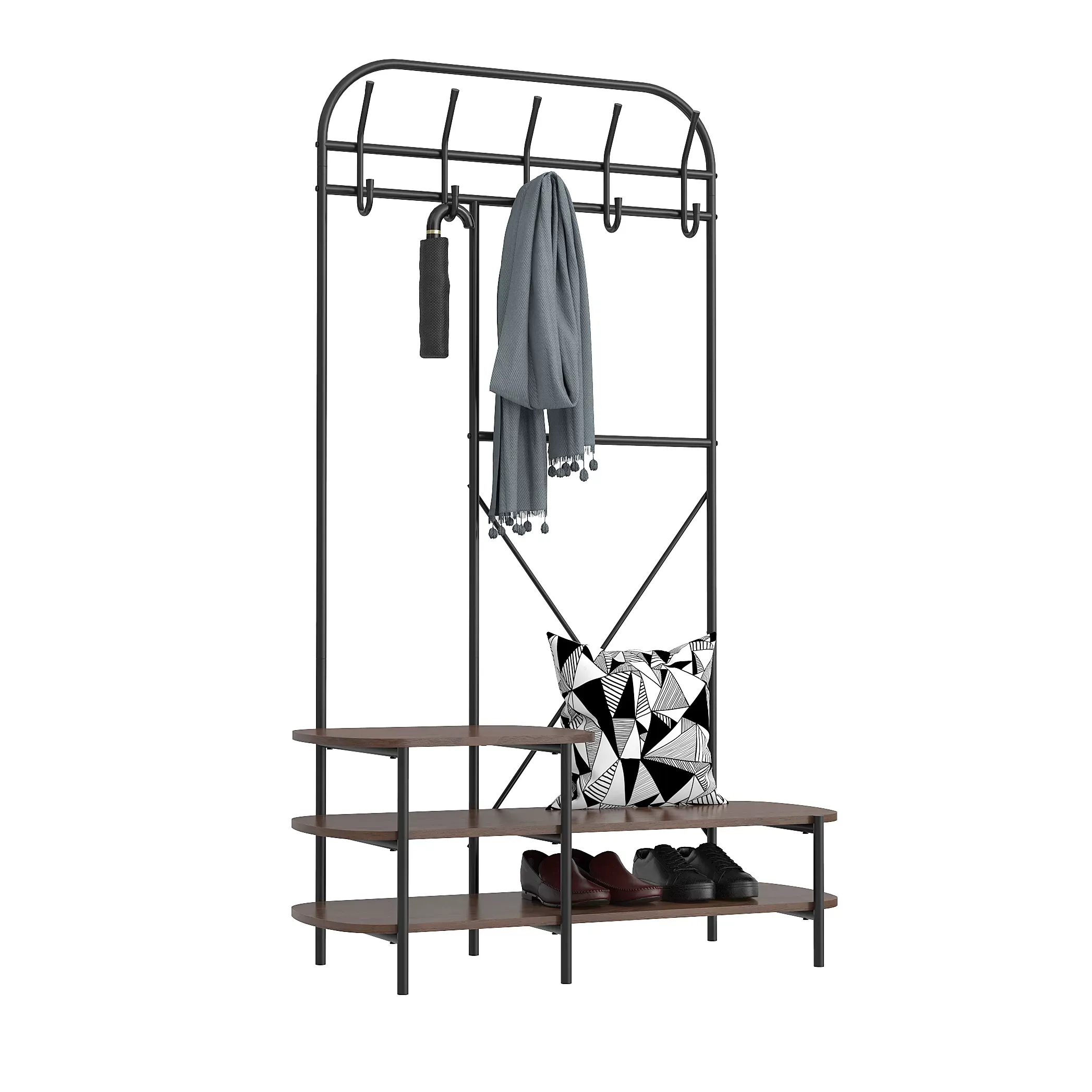 Illustration numéro 3 du produit Vestiaire d'entrée style industriel avec plateaux en bois marron