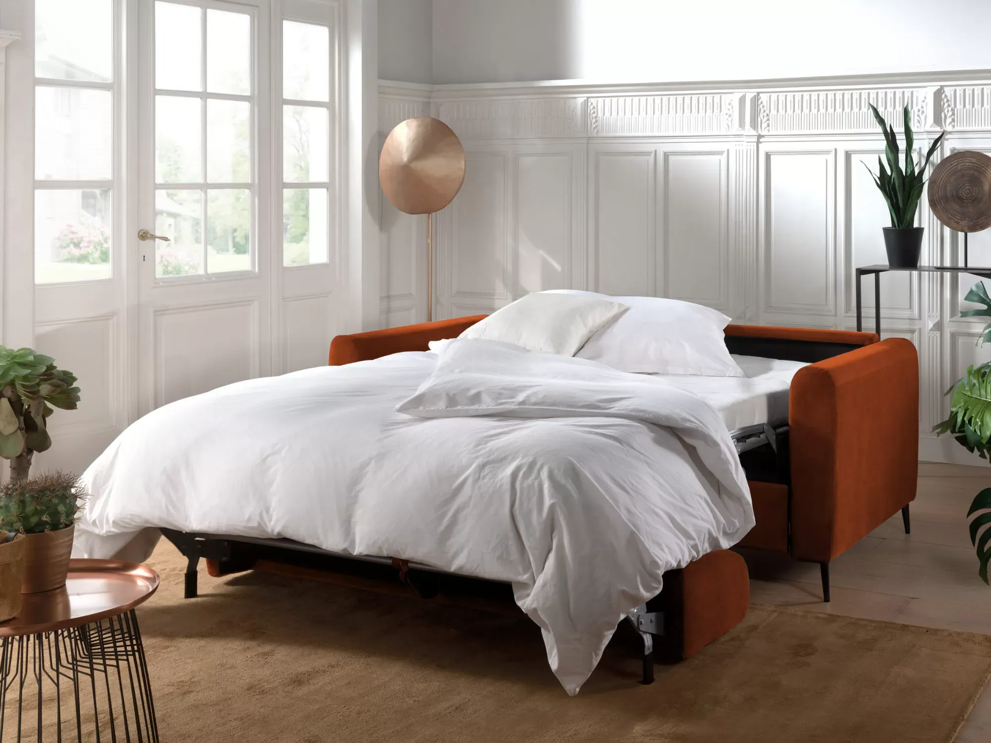 Illustration numéro 3 du produit Canapé droit convertible 3 places en velours rouille