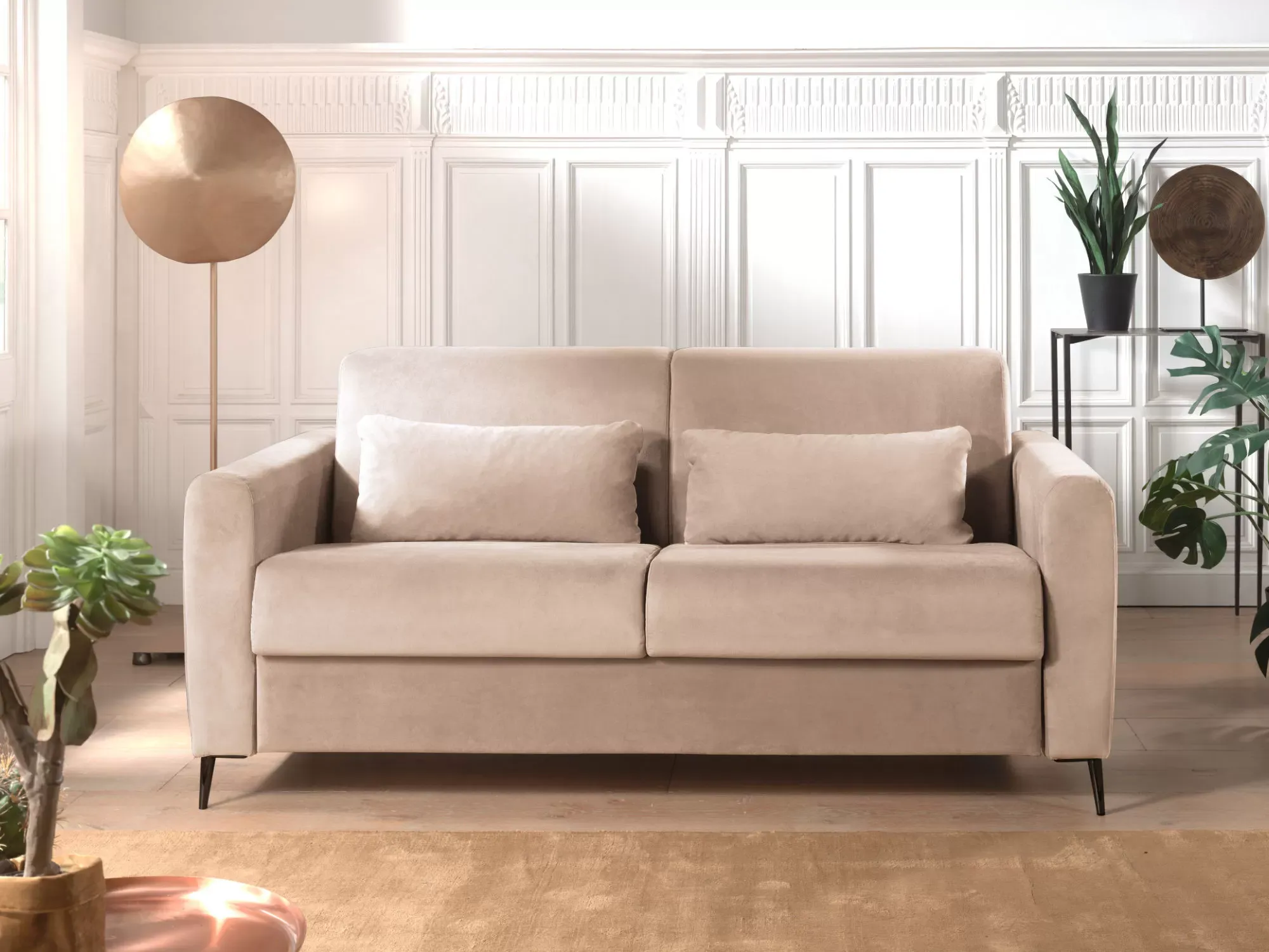 Illustration numéro 3 du produit Canapé droit convertible 3 places en velours beige